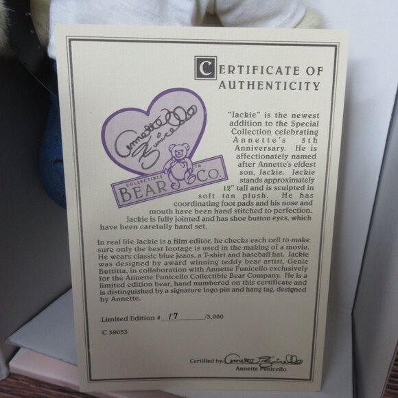 NIB Annette Funicello Jackie The Film Editor Designer Teddy Bear Jointed W/ COA - Picture 2 of 6